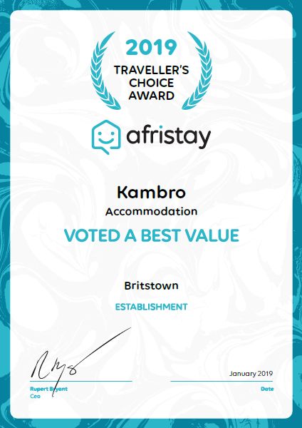 AFRISTAY 2019 TRAVELLER&#8217;S CHOICE AWARD &#8211; BEST VALUE IN BRITSTOWN, Kambro Accommodation & Farmstall